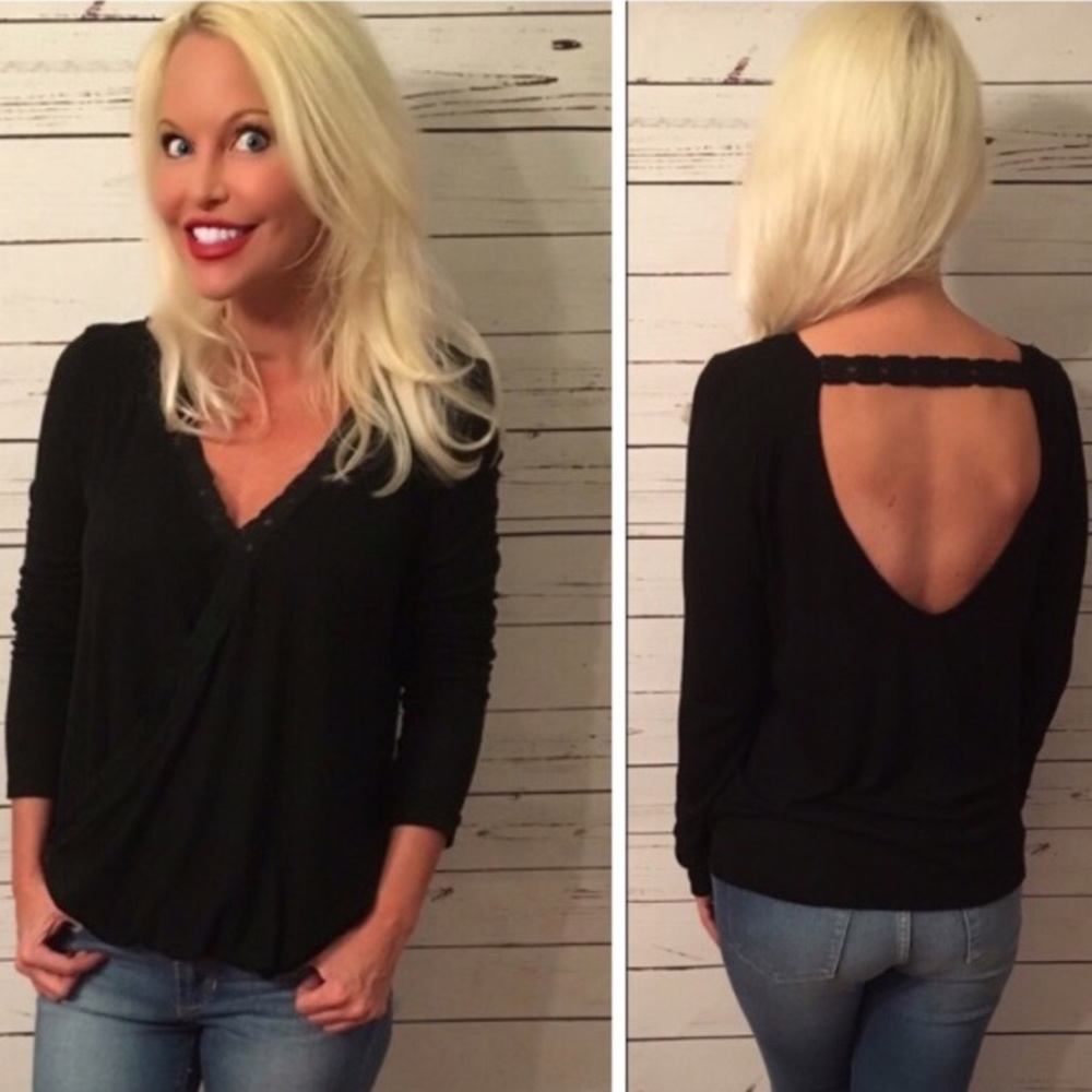 Black lace detail v neck top
